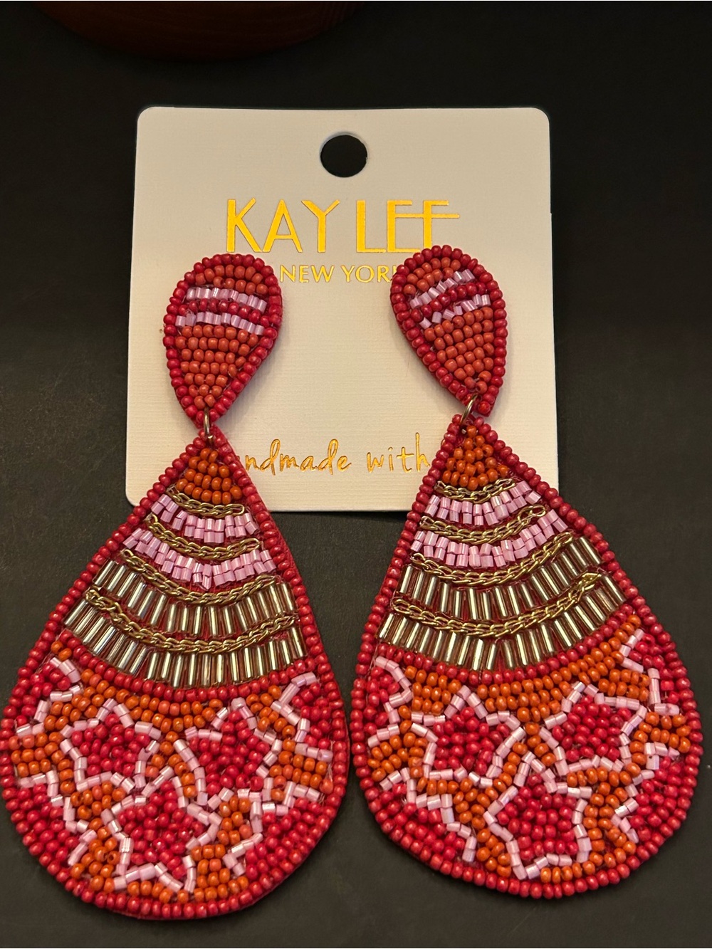 Kay Lee Red & Pink with Gold Hand-Beaded Teardrop Pierced Earrings NWT